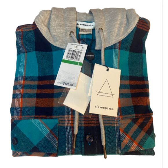Eleven Paris Blue Columbia Plaid Hooded Shirt Jacket NWT Mens Size LARGE - Picture 13 of 14
